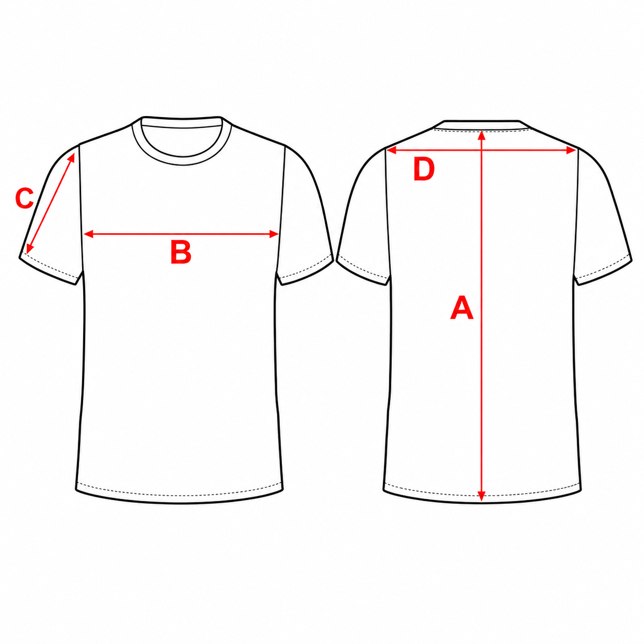Tee measurement diagram: A length, B chest, C sleeve, D shoulder